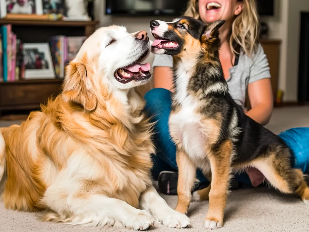 Pet owner with two dogs sharing a candid moment, representing real-life experiences of owning a second dog