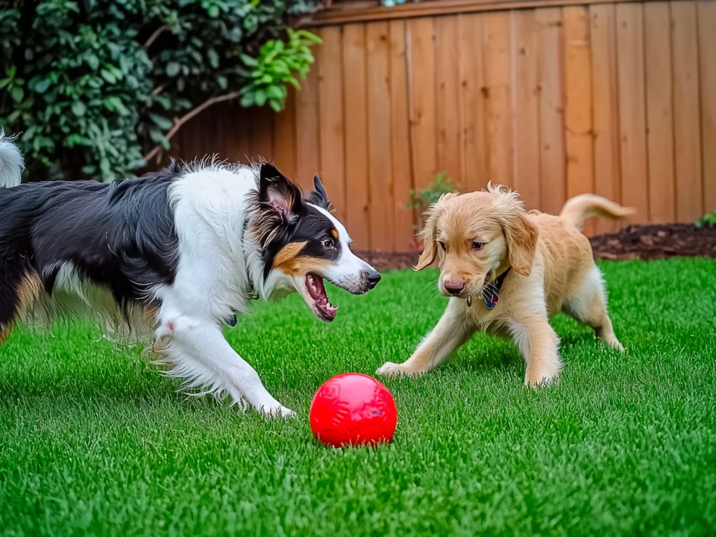 Two dogs playing in a backyard, showing the companionship and joy of having a second dog