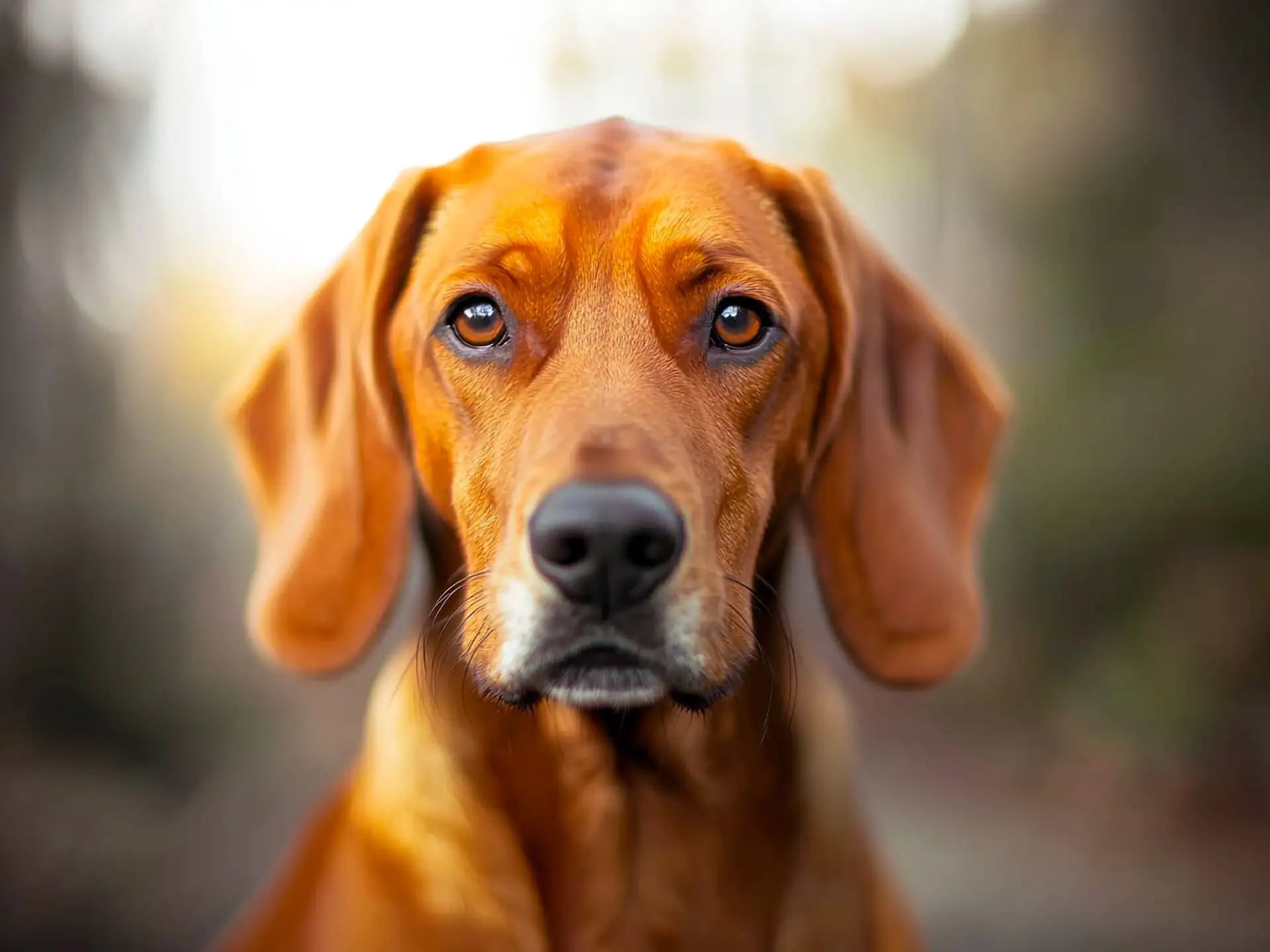 Close-up of a Redbone Coonhound with expressive eyes and a focused expression