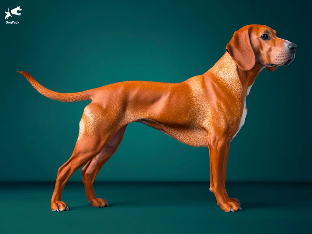 Redbone Coonhound Dog breed full body view standing against green background