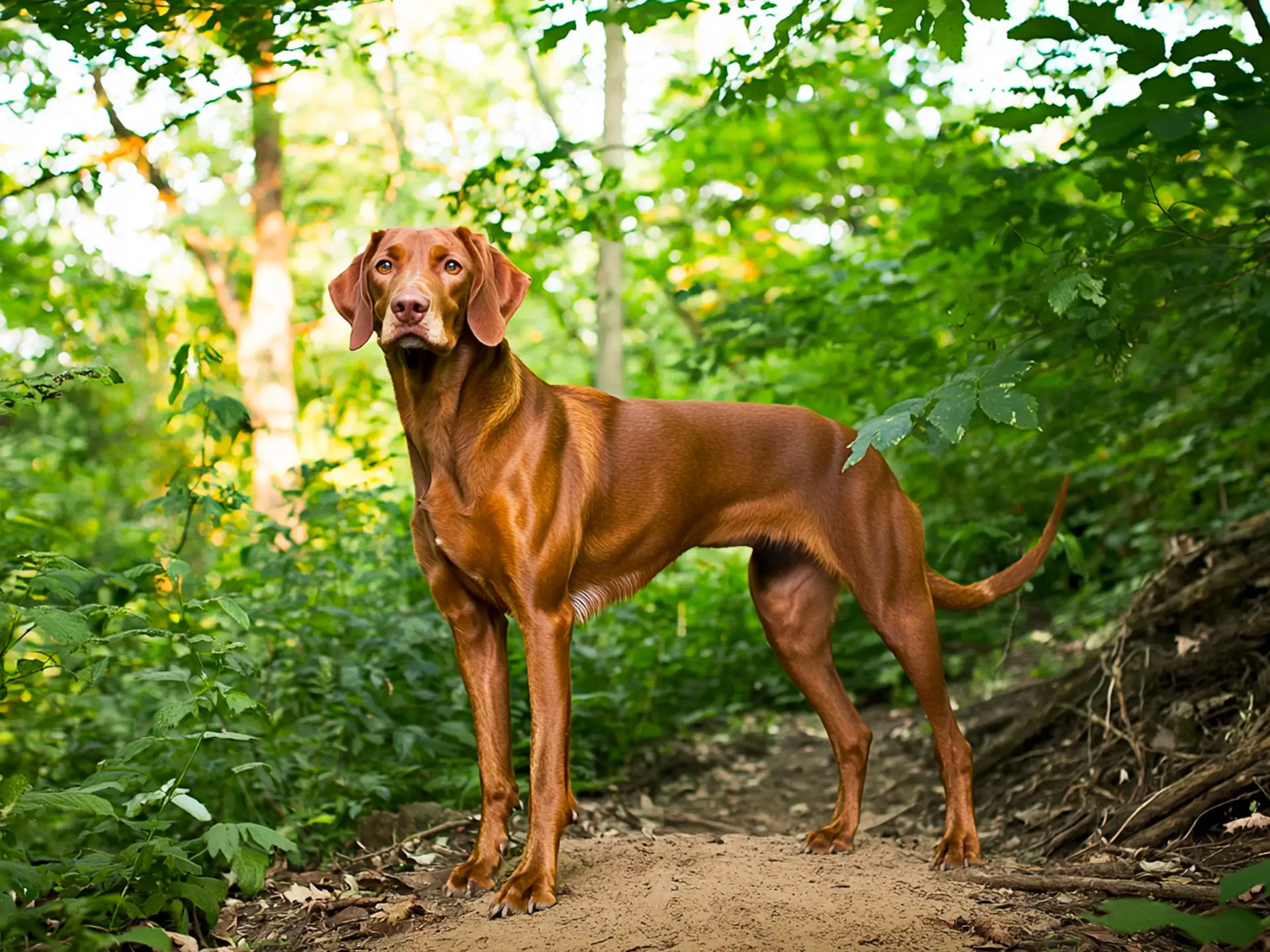 Redbone Coonhound standing confidently in a dense forest setting