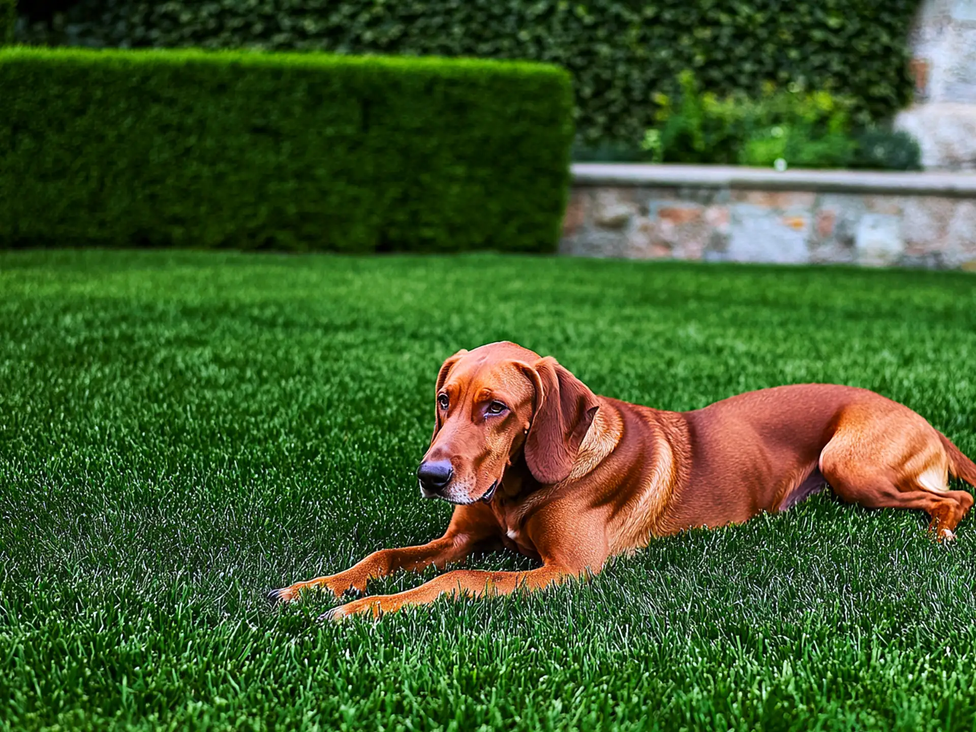 Redbone Coonhound lying on a neatly trimmed lawn with a lush green background