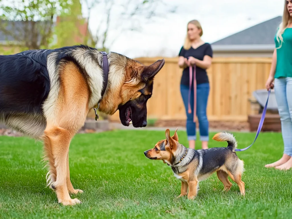 German shepherd and terrier mix cautiously meeting in a backyard, highlighting the risks of getting a second dog