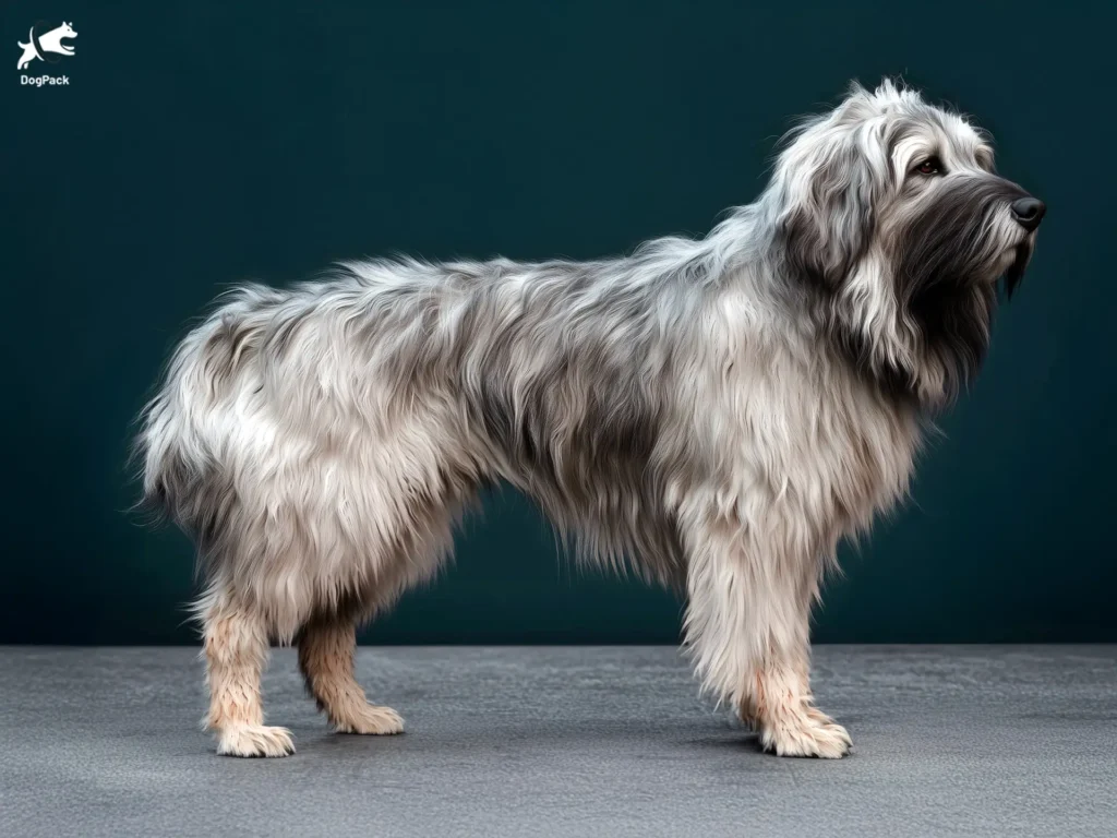 Romanian Mioritic Shepherd Dog breed full body view standing against green background