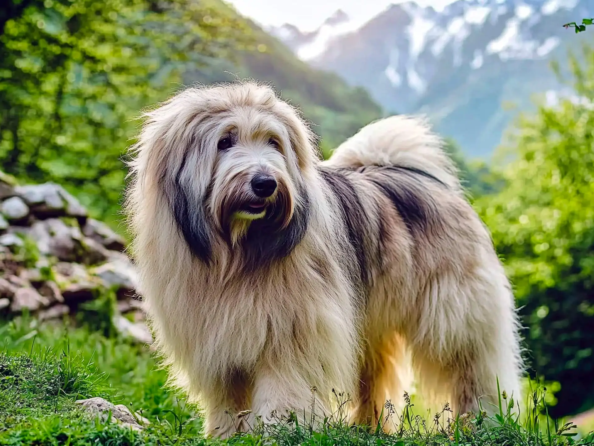 Romanian Mioritic Shepherd dog standing in a lush green meadow with mountains in the background