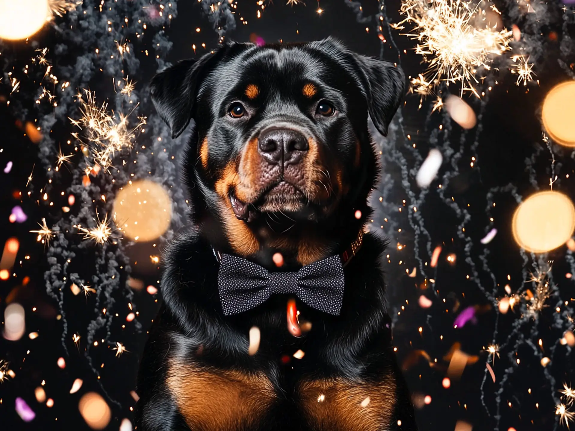 Confident Rottweiler wearing a festive bow tie among fireworks, highlighting a popular and protective breed for 2025