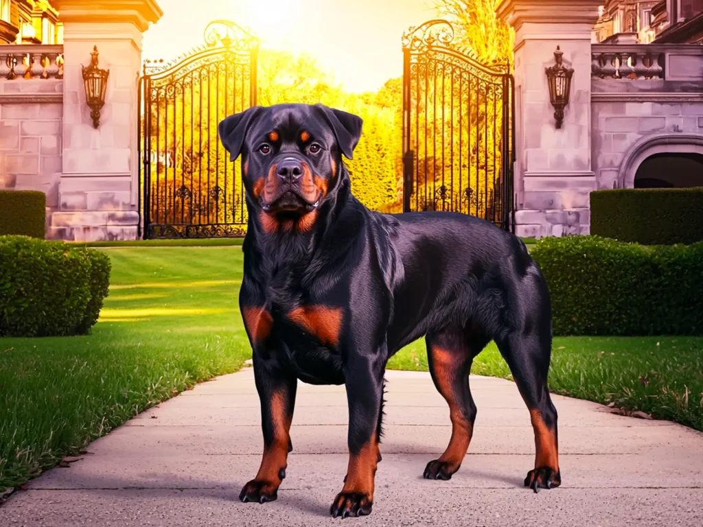 Rottweiler standing confidently in front of a grand estate, showcasing its muscular build and sleek coat, symbolizing its prestige as one of the most expensive dog breeds.