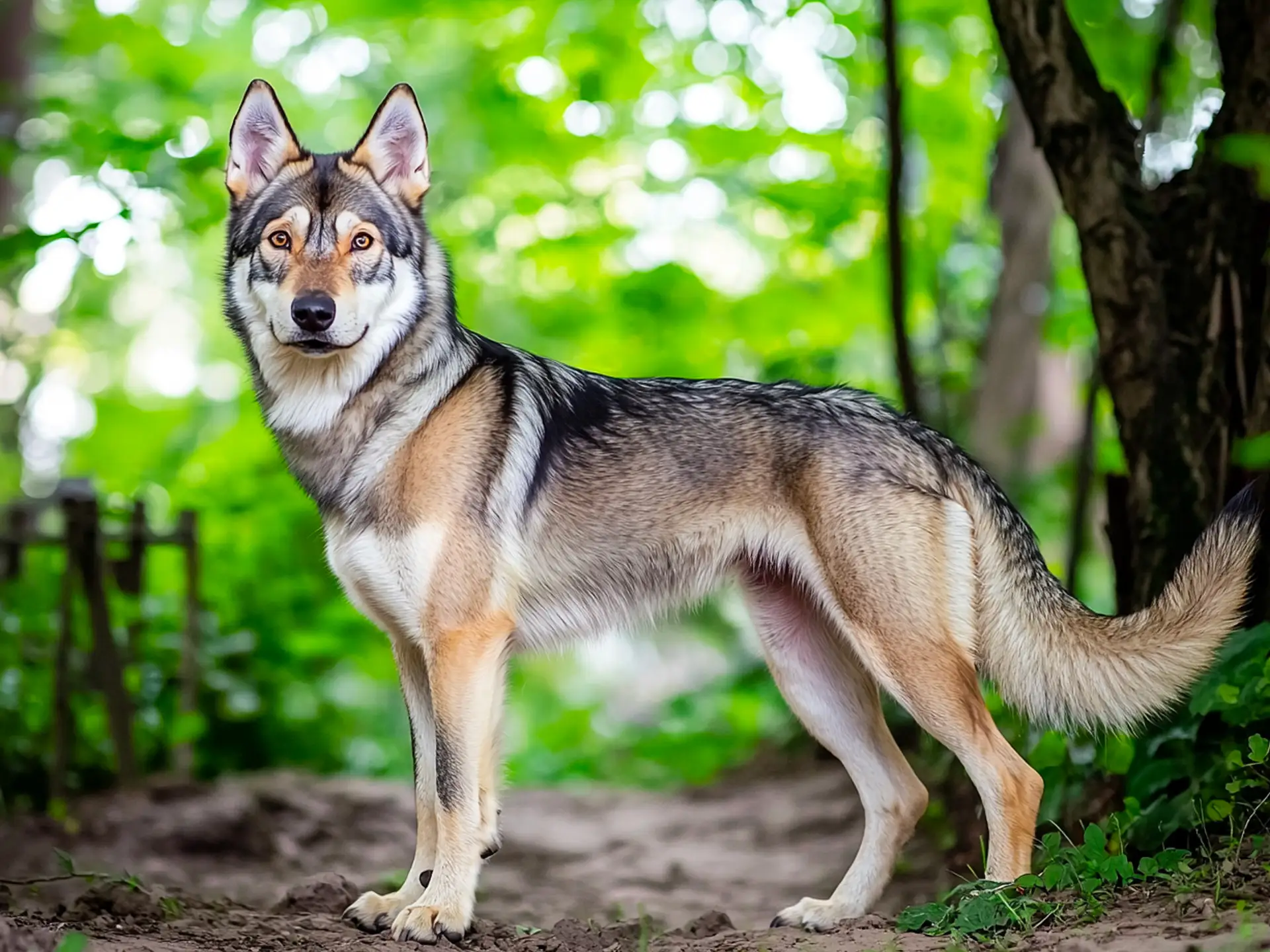 Saarloos Wolfdog standing tall and alert in a forest, showcasing its strong build and wolfish coat