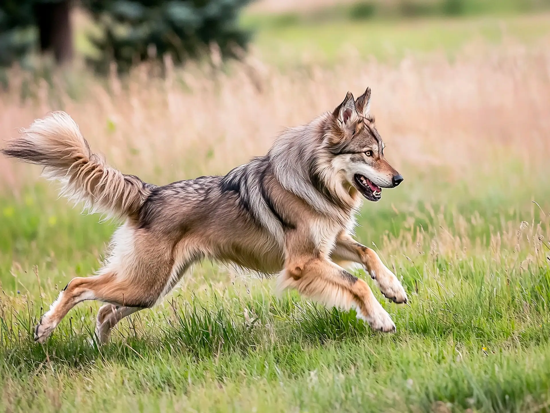 Saarloos Wolfdog running energetically across a grassy field, showing its agility and wolf-like features