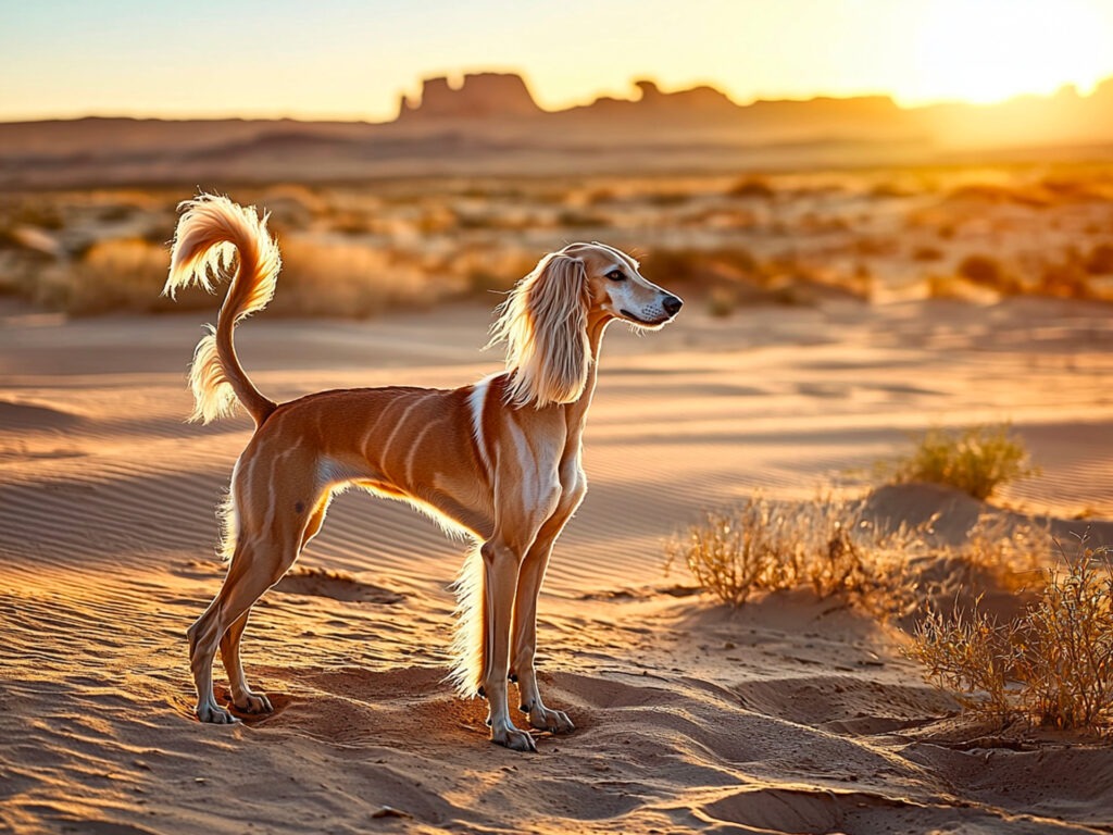 Saluki standing gracefully in a desert at sunset, showcasing its sleek coat and feathered ears, symbolizing its rarity and elegance as one of the most expensive dog breeds.