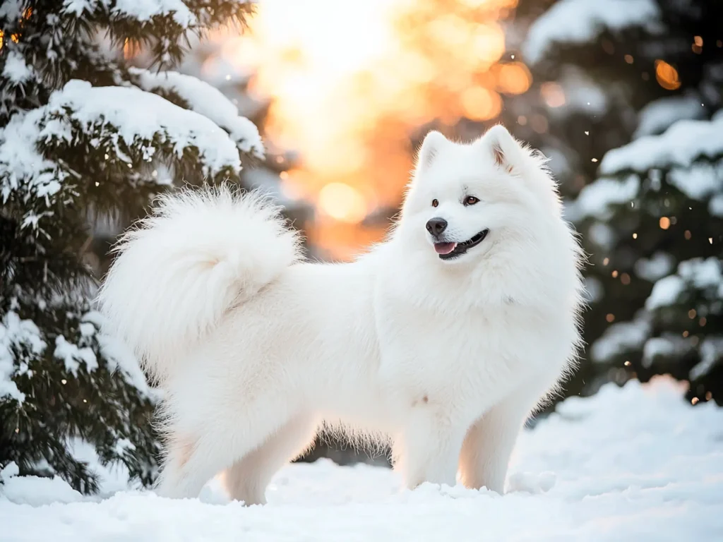 Samoyed dog in a snowy forest during golden hour, highlighting its fluffy white coat and signature smile, symbolizing its status as one of the most expensive dog breeds