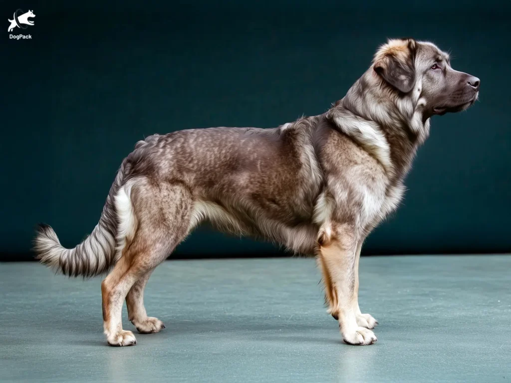 Sarplaninac Dog breed full body view standing against green background