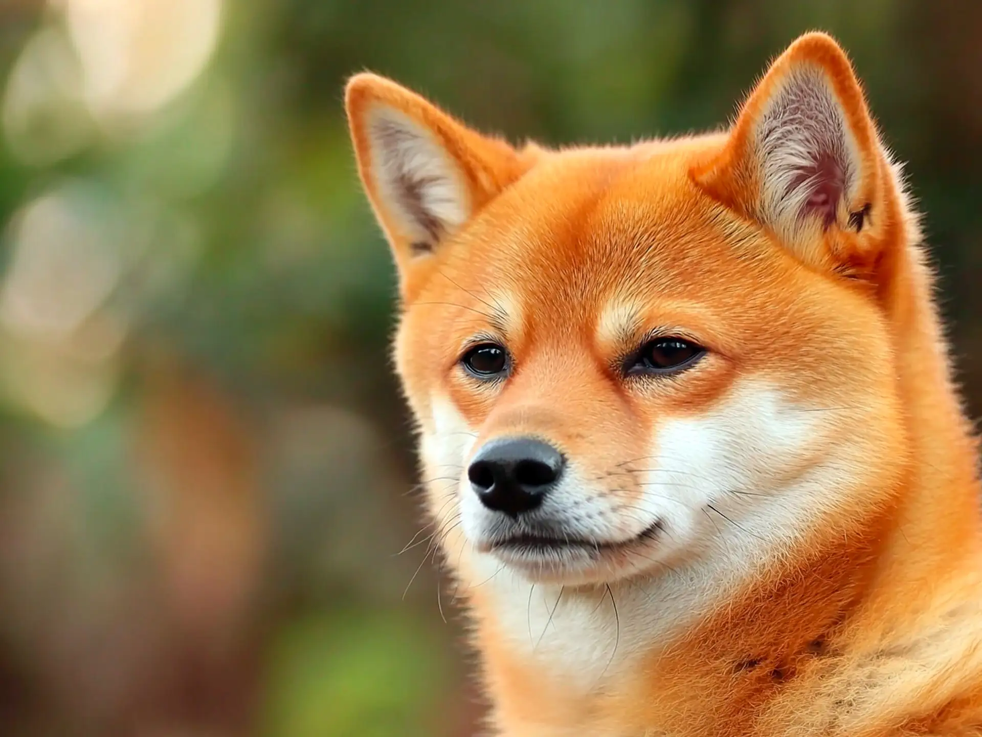 Close-up of a Shiba Inu with a serene expression against a blurred natural background