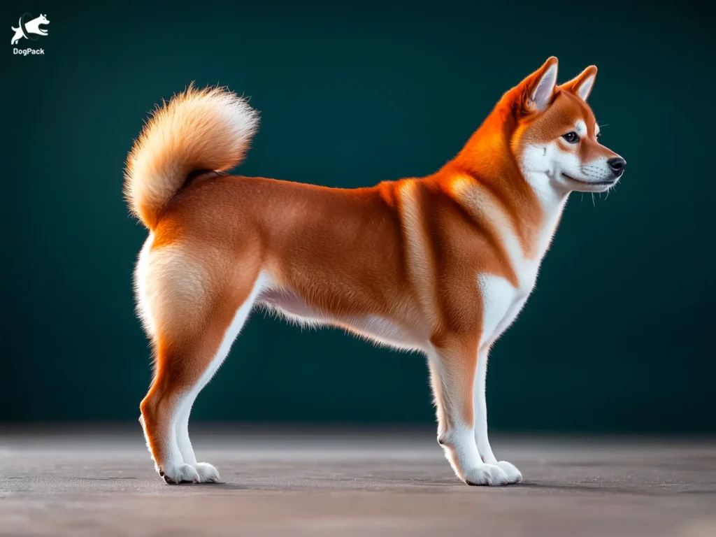 Shiba Inu Dog breed full body view standing against green background