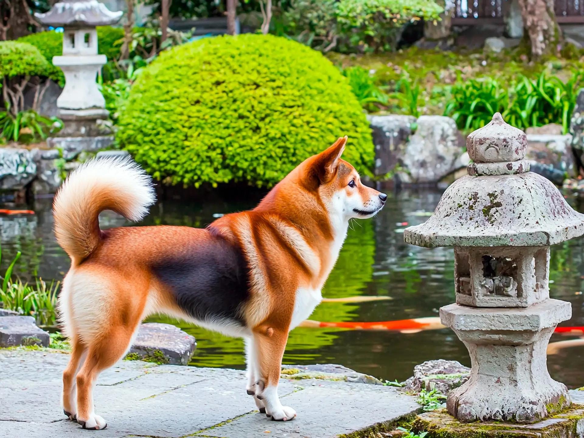 Shiba Inu standing near a traditional Japanese garden pond with a stone lantern