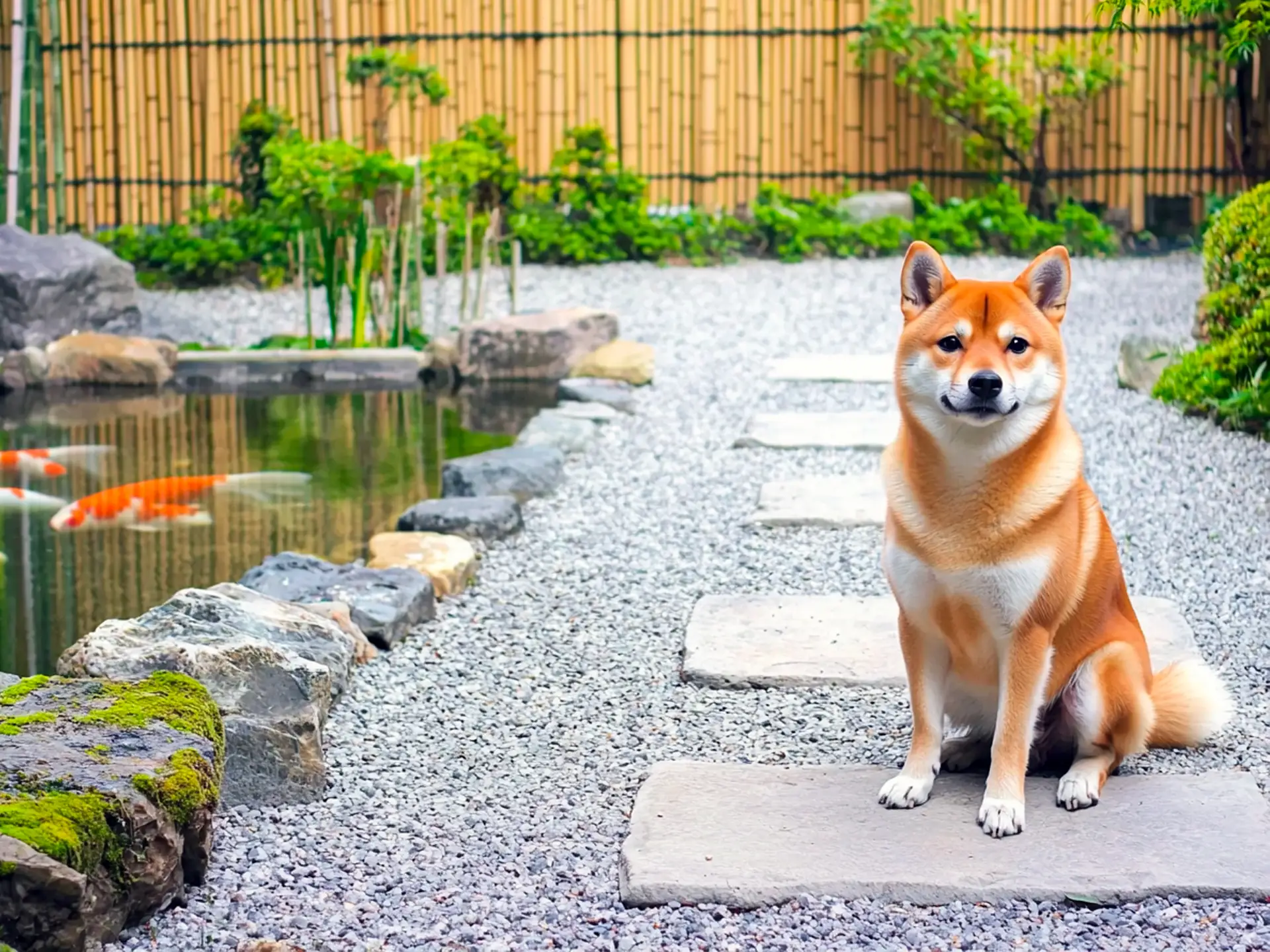 Shiba Inu sitting in a Japanese-inspired garden, showcasing its low-shedding coat and independent, low-maintenance personality.