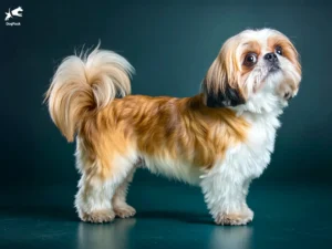 Shih Tzu Dog breed full body view standing against green background