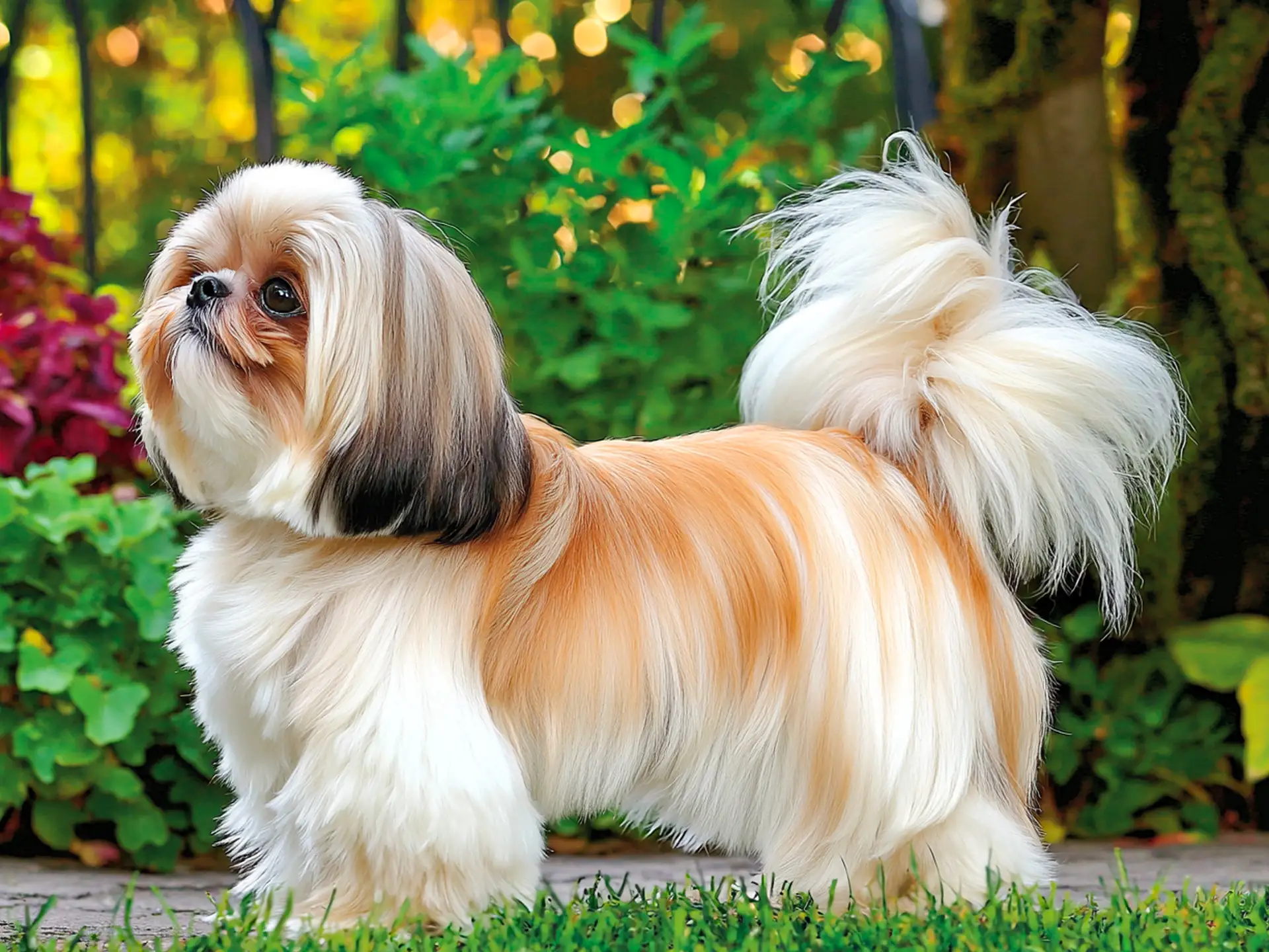 Elegant Shih Tzu standing proudly in a garden setting