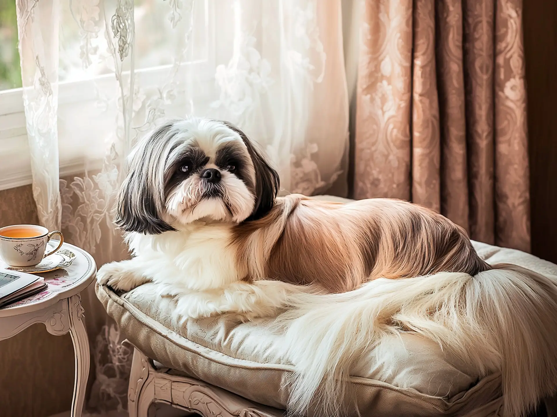 Shih Tzu relaxing on a luxurious cushion, showcasing its hypoallergenic coat and affectionate, low-maintenance nature as the perfect lap dog