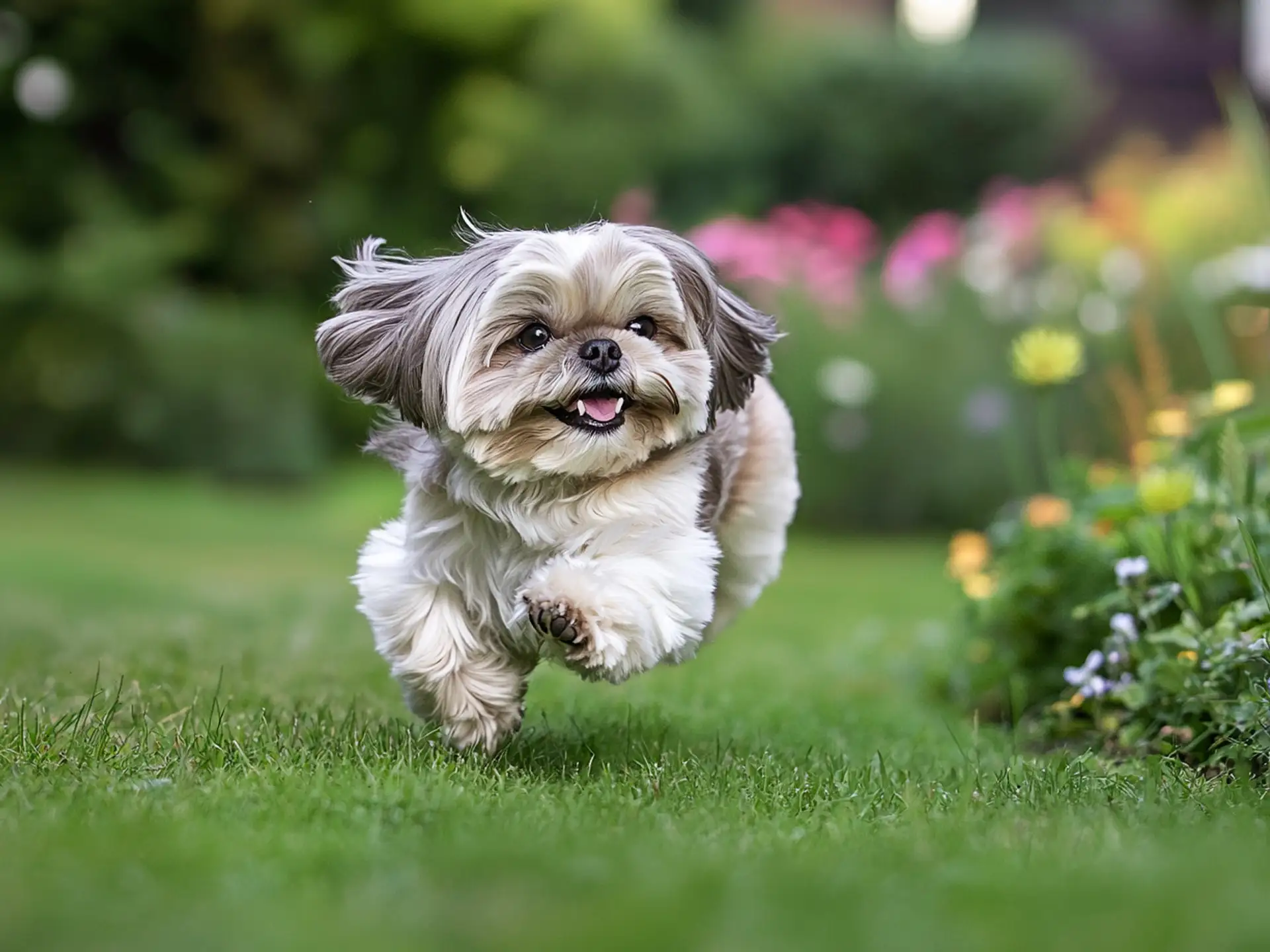 Playful Shih Tzu running across a grassy lawn