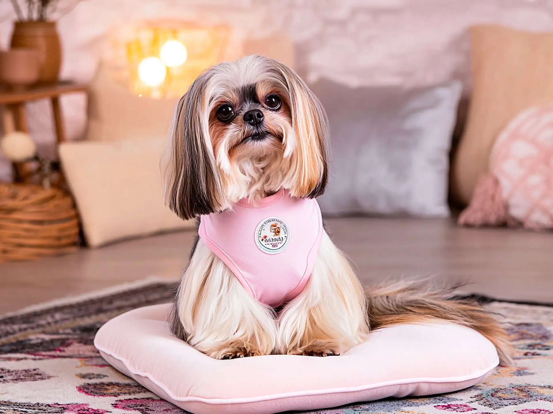 Shih Tzu therapy dog wearing a pastel pink vest, sitting calmly on a plush cushion in a cozy therapy room, highlighting its gentle and comforting nature.