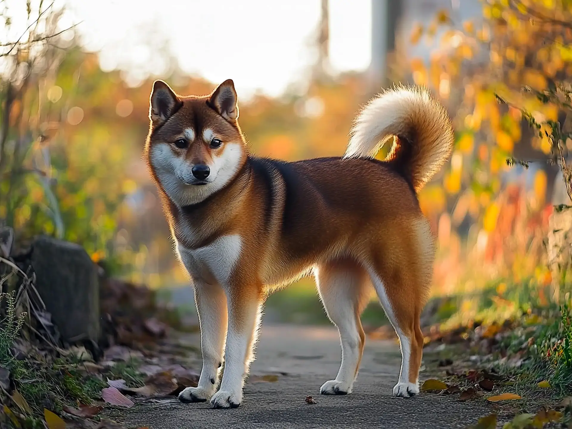 Shikoku dog on a path surrounded by autumn leaves, showcasing its alert posture and curled tail.