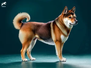 Shikoku Dog breed full body view standing against green background