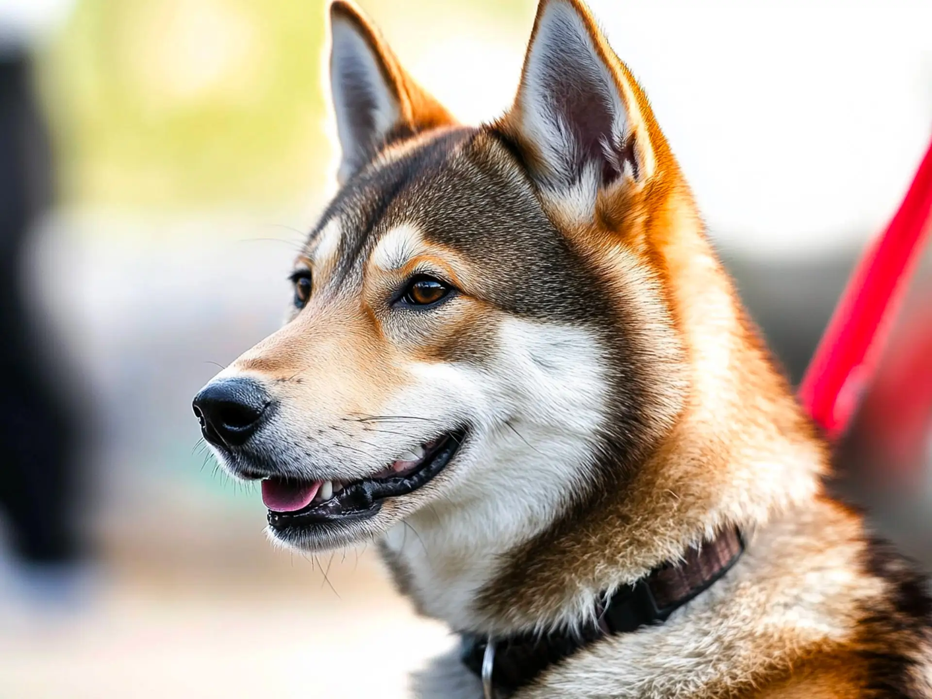 Close-up of a Shikoku dog's face with a vibrant red leash, highlighting its expressive eyes and alert ears.