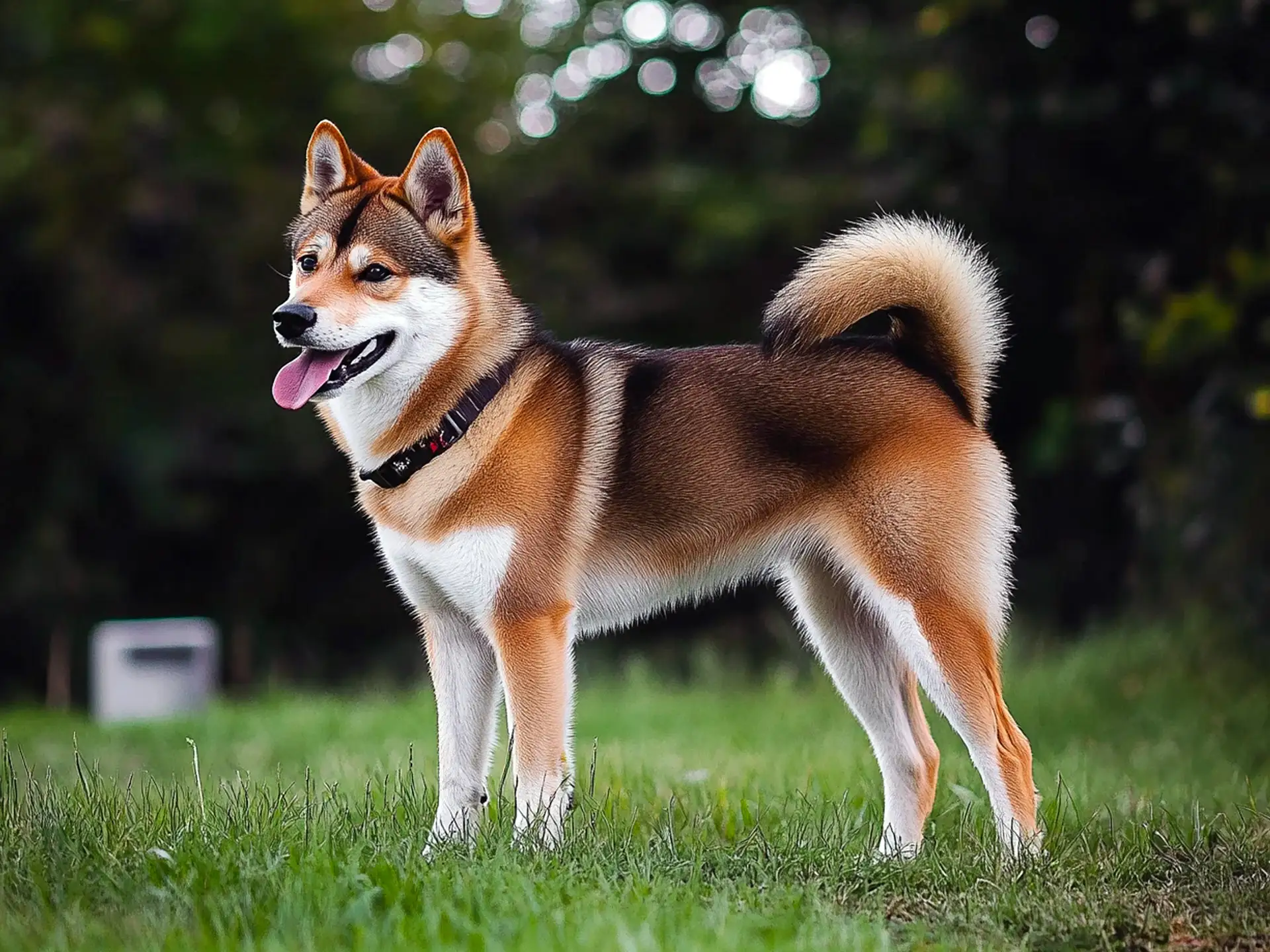 Shikoku dog standing proudly on green grass with a curled tail and vibrant fur coat