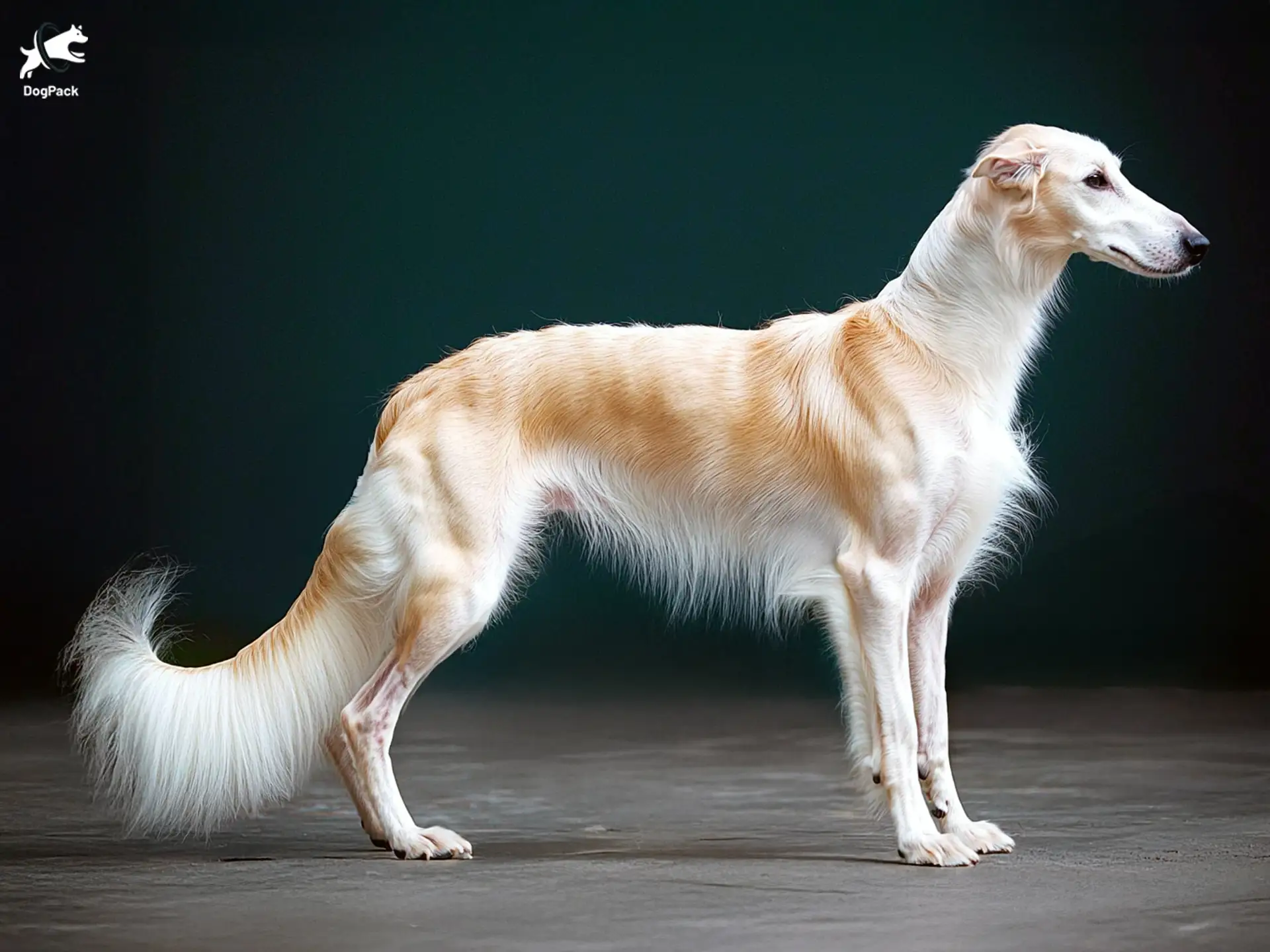 Silken Windhound Dog breed full body view standing against green background