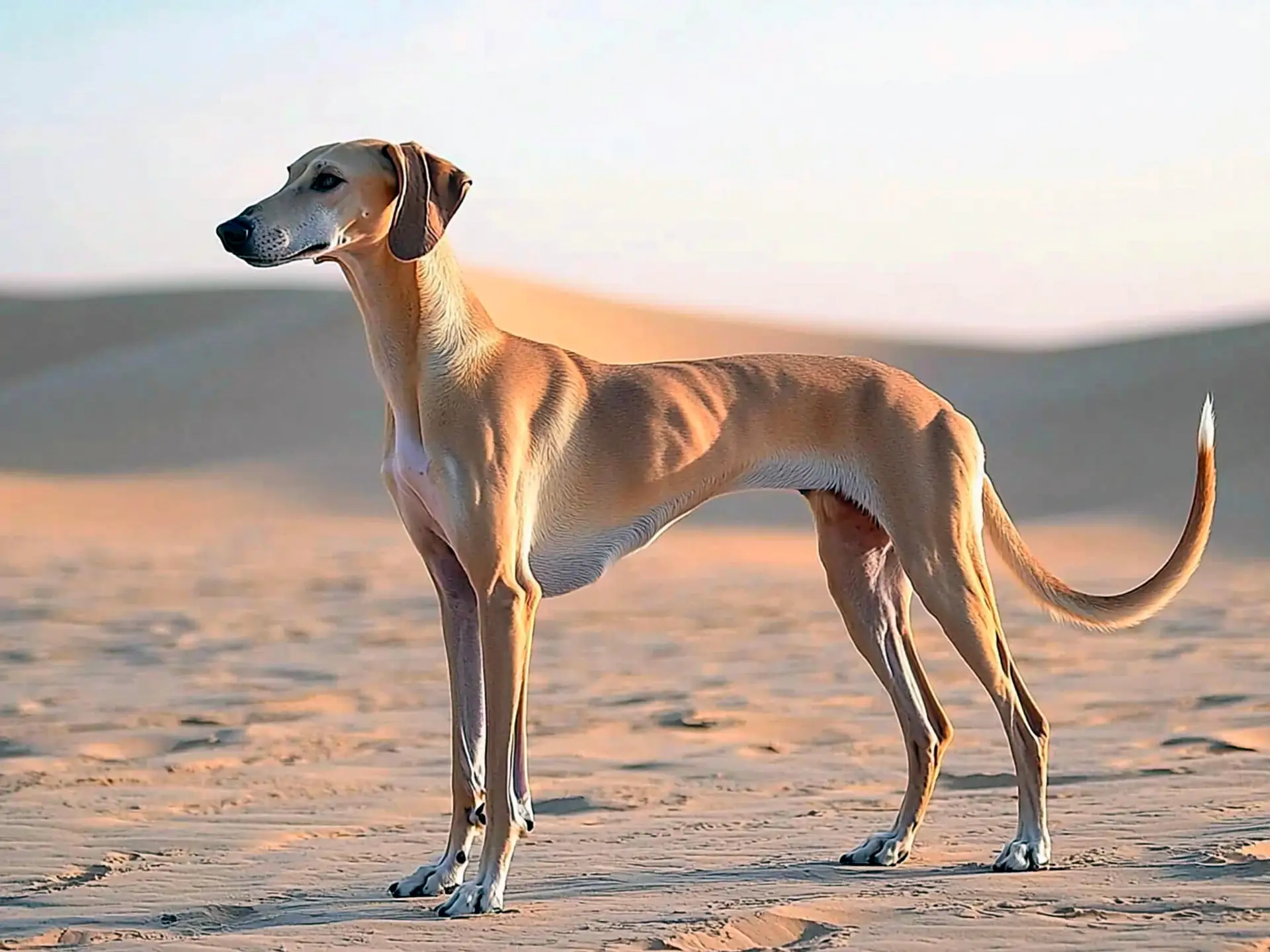 Sloughi dog standing gracefully on a sandy desert landscape, highlighting its slim and muscular physique.