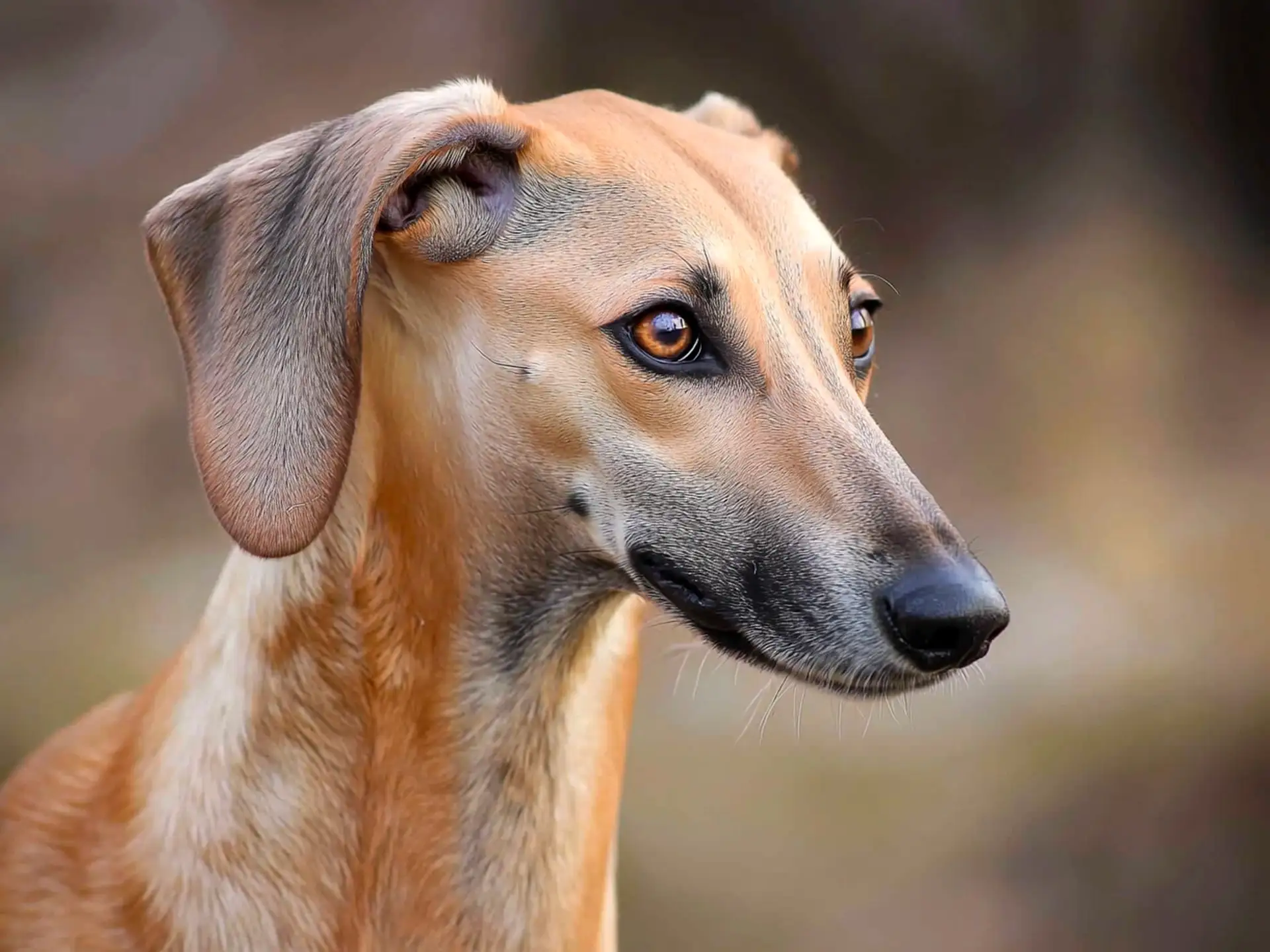 Close-up of a Sloughi with distinctive tan coat and dark facial markings, showcasing its elegant and sleek features