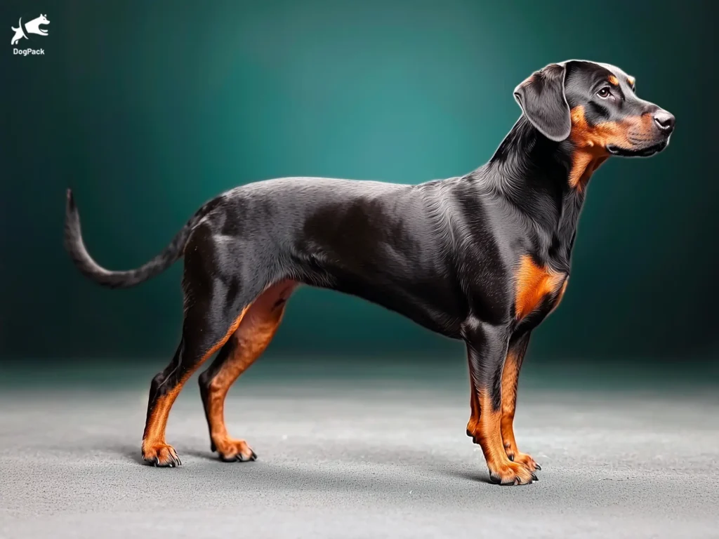 Slovenský Kopov Dog breed full body view standing against green background