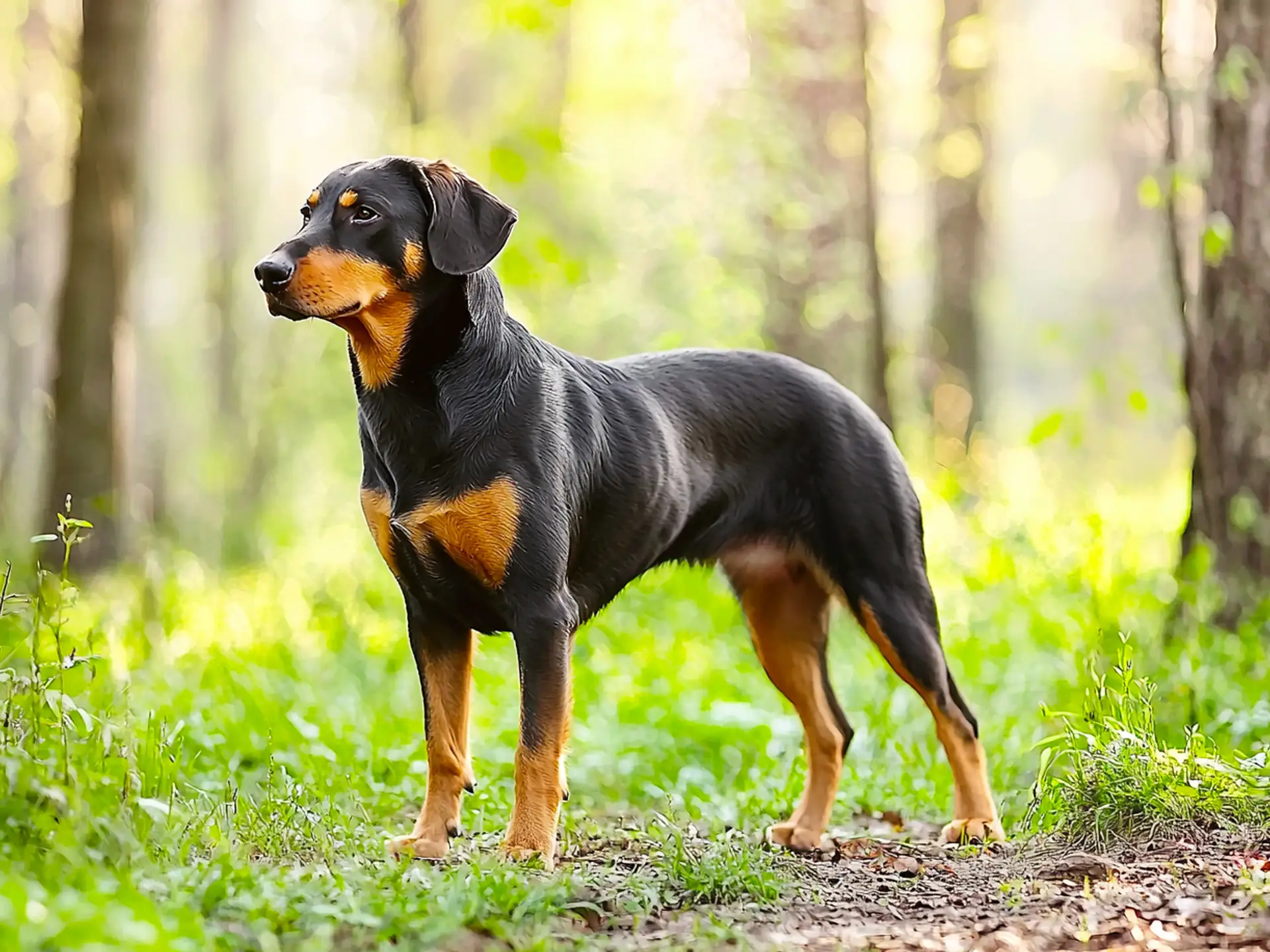 Slovenský Kopov standing in a forest, showcasing its black and tan coat and athletic build.