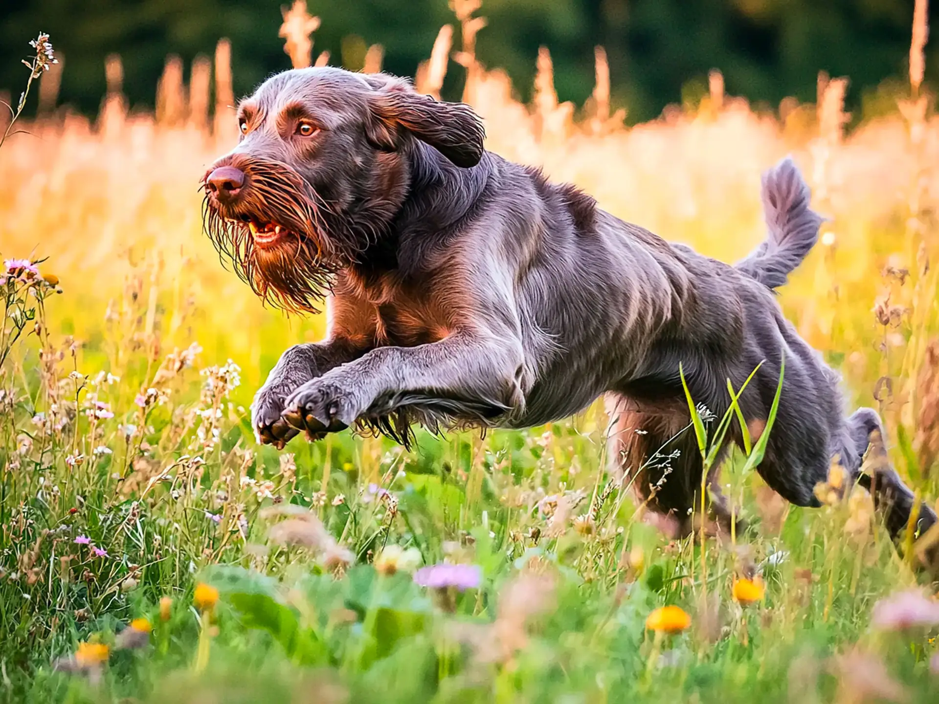 A Spinone Italiano running joyfully through a field of wildflowers, showcasing its wiry coat