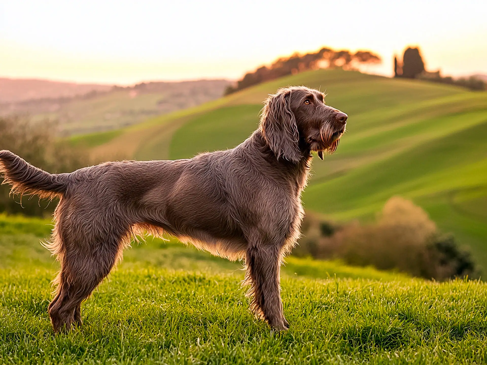 Spinone Italiano standing on a hill at sunset, emphasizing its hunting stance.