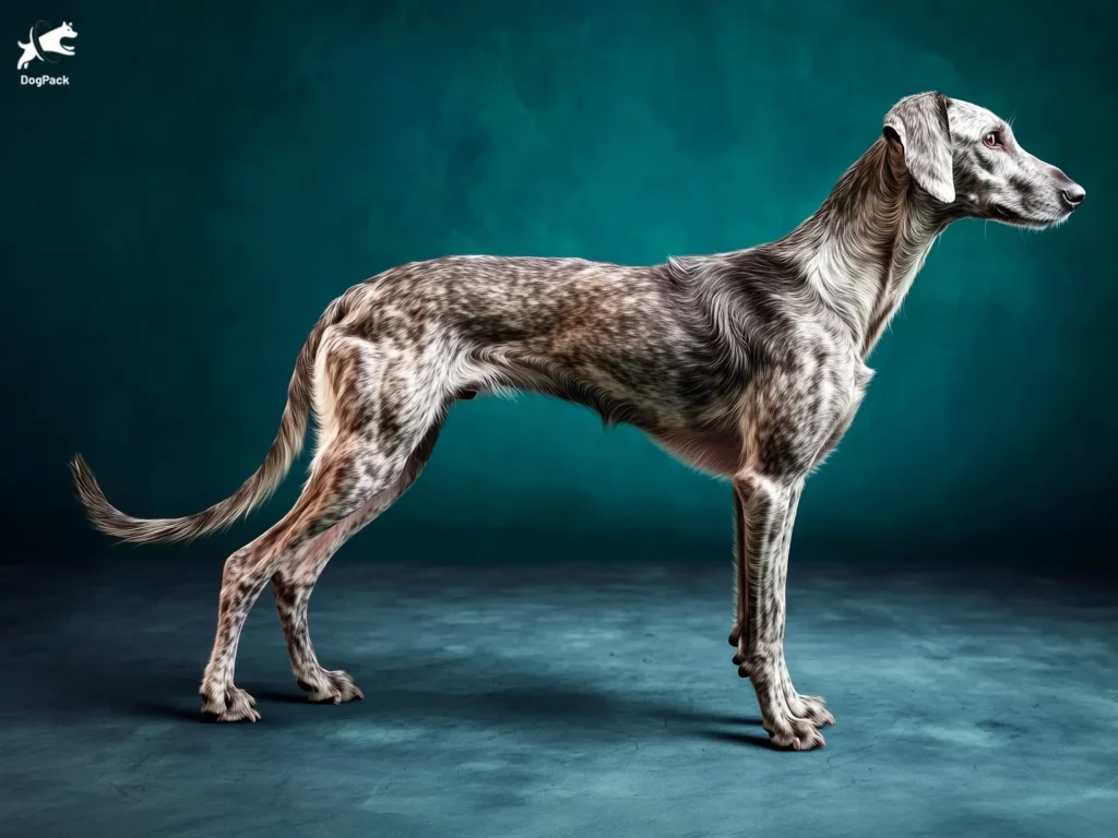 Staghound Dog breed full body view standing against green background