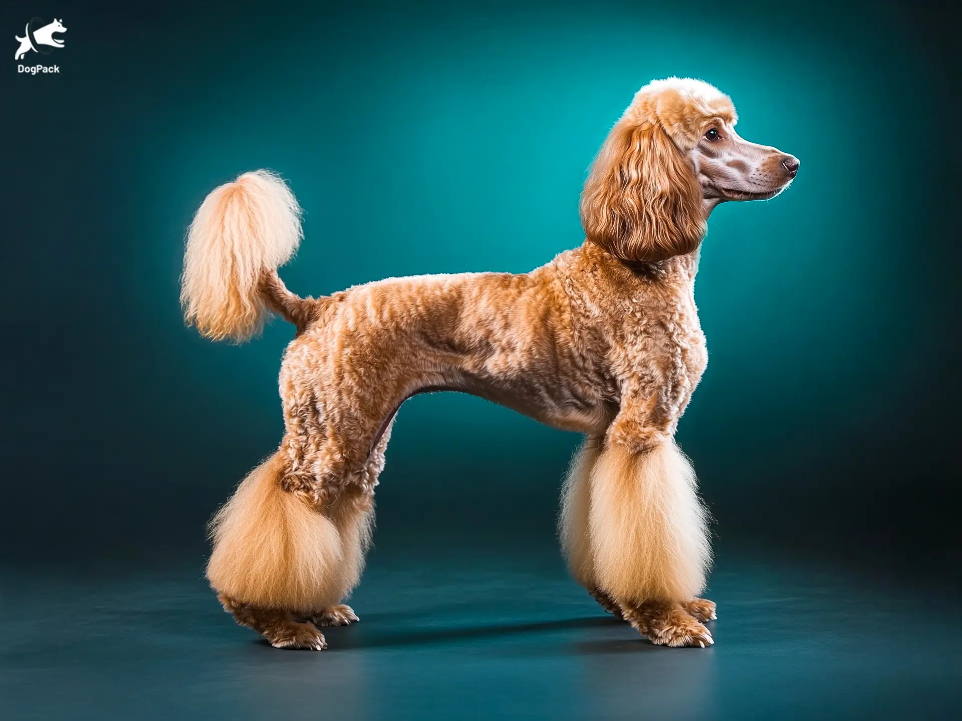 Standard Poodle Dog breed full body view standing against green background