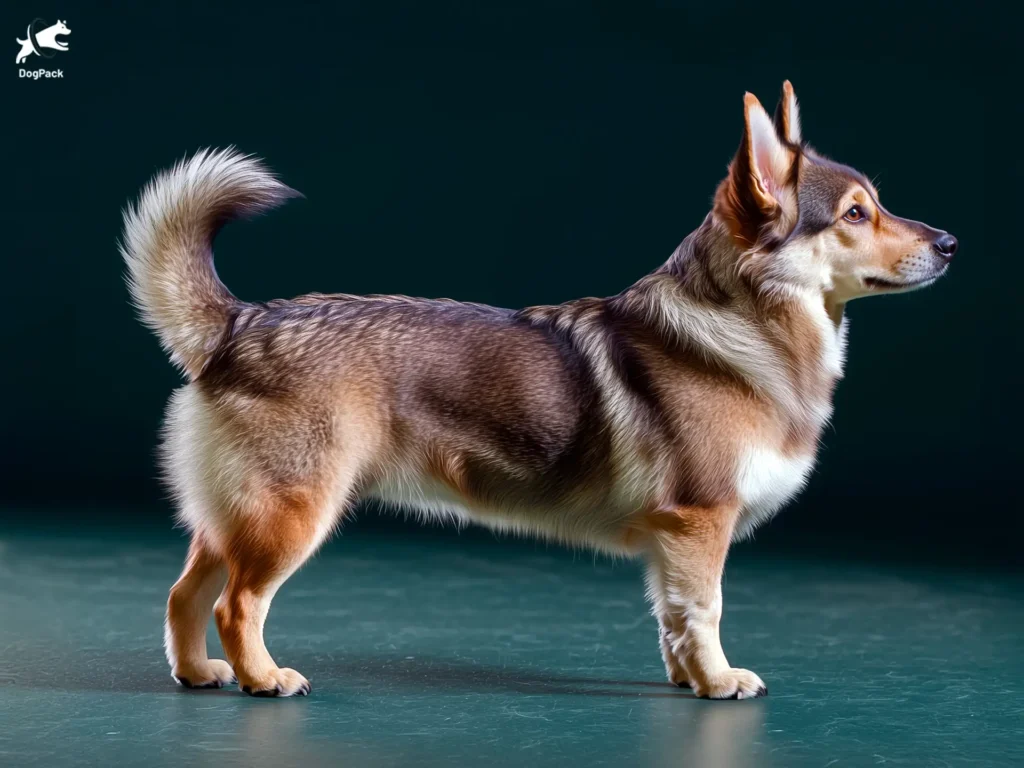 Swedish Vallhund Dog breed full body view standing against green background