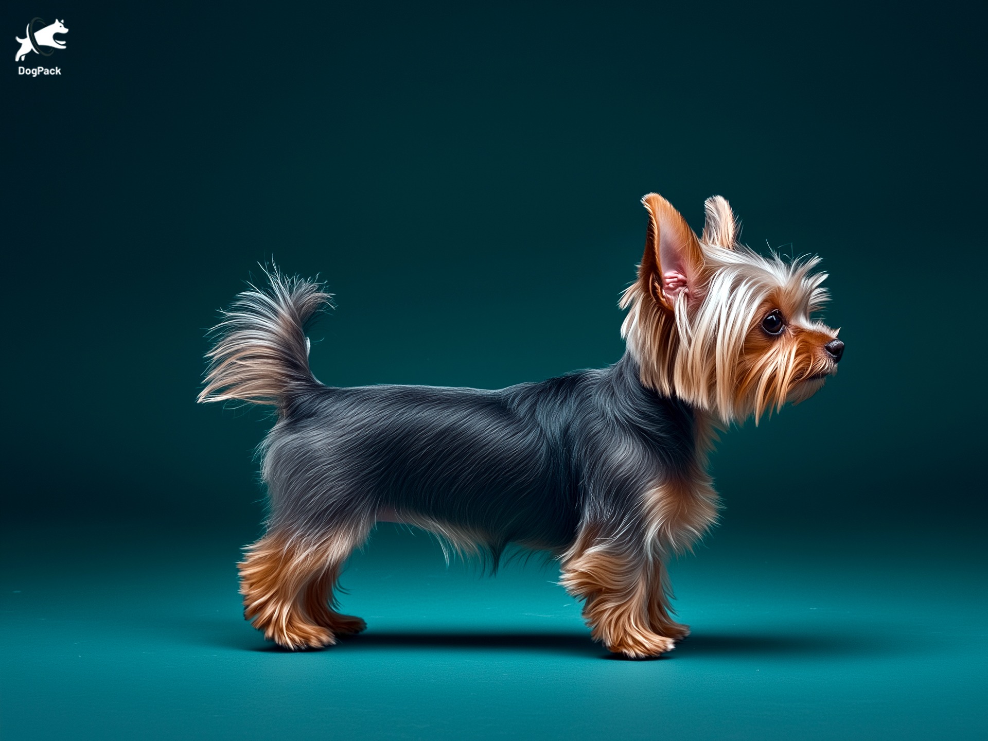 Teacup Yorkie Dog breed full body view standing against green background