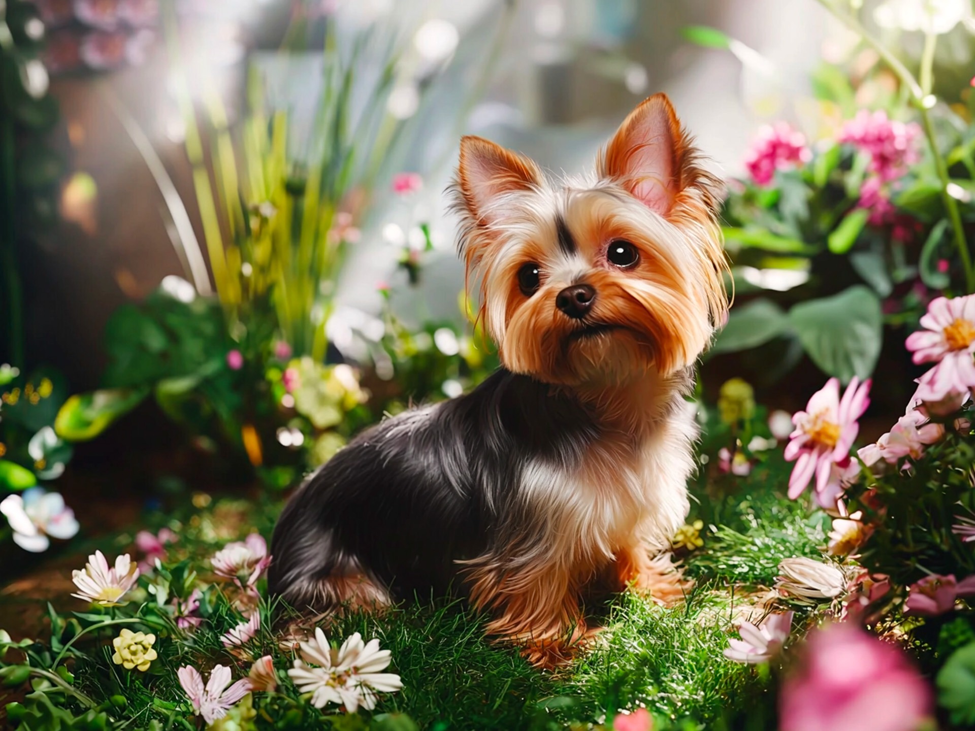 Teacup Yorkie sitting gracefully in a vibrant garden surrounded by blooming flowers, highlighting its silky coat and attentive expression