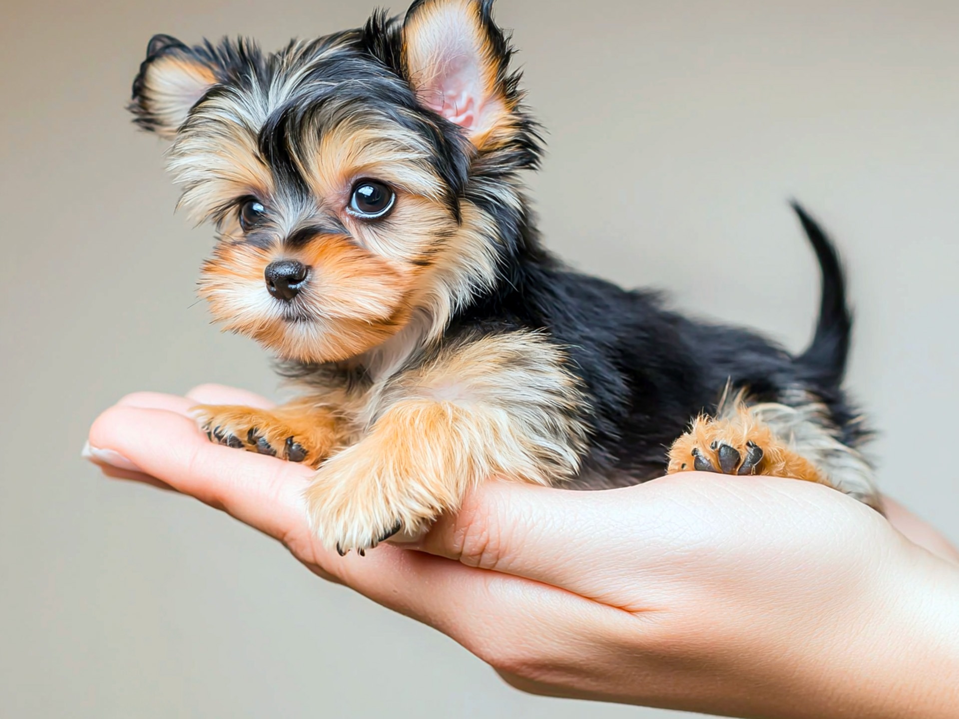 Close-up of a tiny Teacup Yorkie puppy resting on a human hand, showcasing its small size and adorable facial features