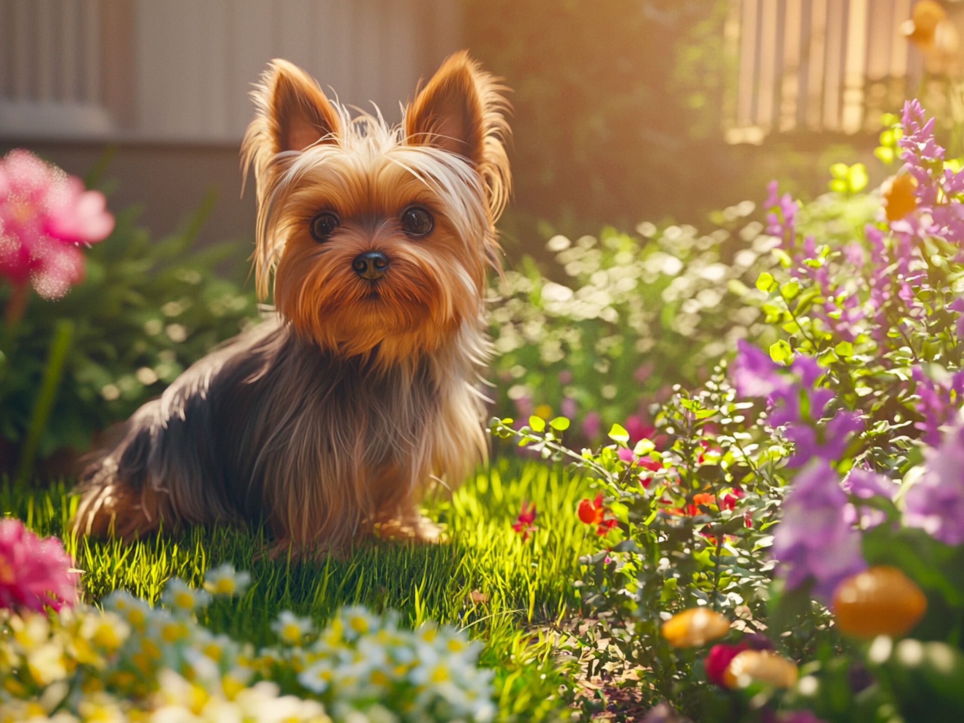 Teacup Yorkie sitting in a sunlit garden with colorful flowers, showcasing its elegant coat and bright, curious eyes