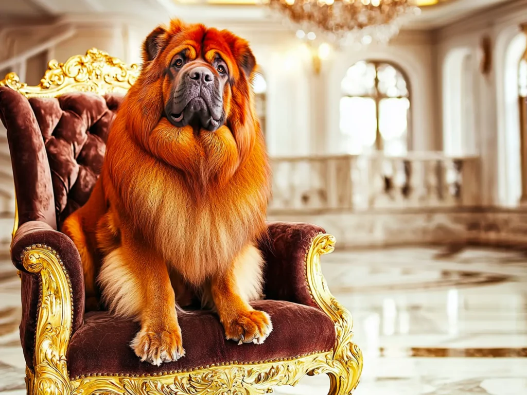 Tibetan Mastiff sitting on a luxurious velvet armchair with gold accents in an opulent setting, symbolizing the exclusivity and value of the world's most expensive dog breeds.