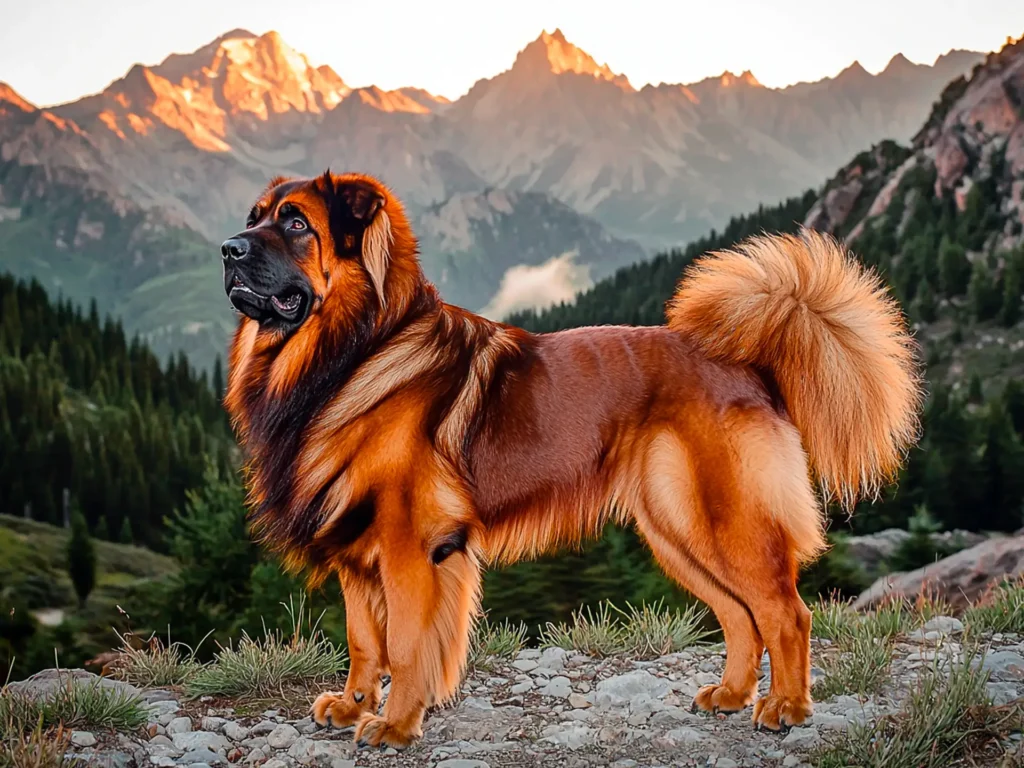 Tibetan Mastiff standing in a majestic Himalayan mountain landscape, showcasing its thick reddish-brown coat and lion-like mane, symbolizing its rarity and high value