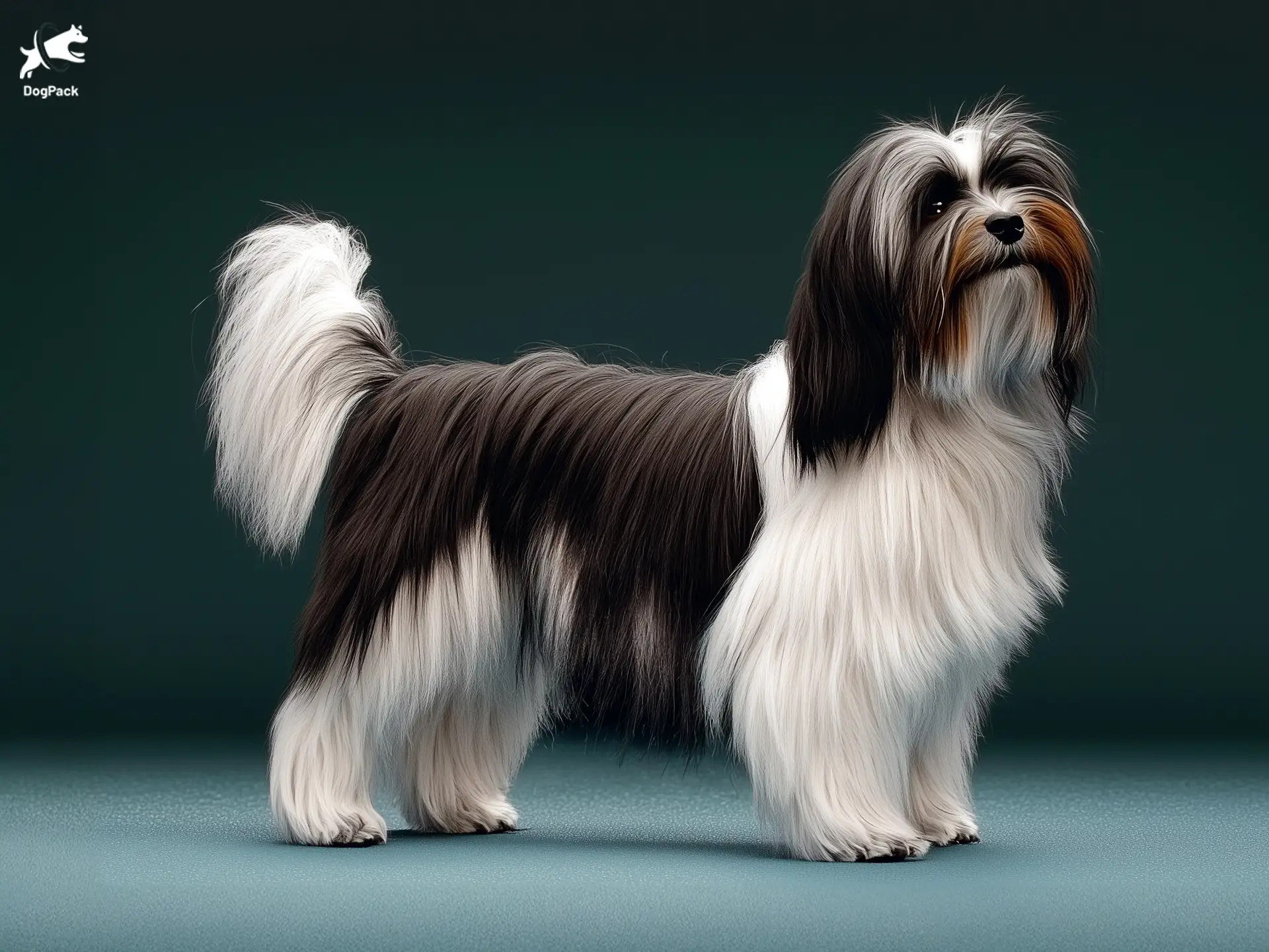 Tibetan Terrier Dog breed full body view standing against green background