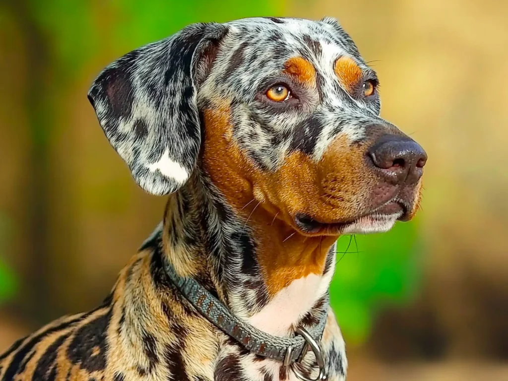 Close-up of a Catahoula Leopard Dog's marbled, leopard-like coat in vibrant blue and red tones