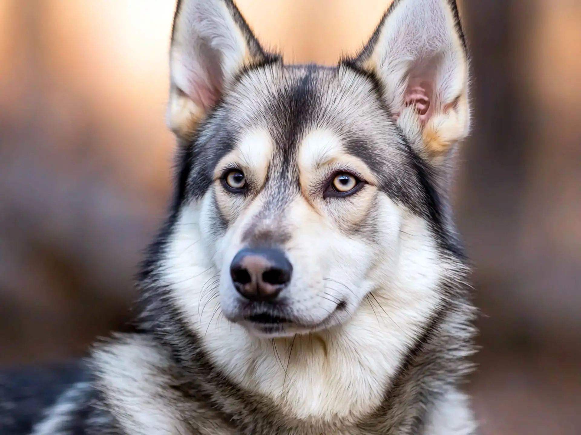 Close-up portrait of a West Siberian Laika with piercing eyes and distinct gray and white coat