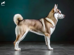 West Siberian Laika Dog breed full body view standing against green background