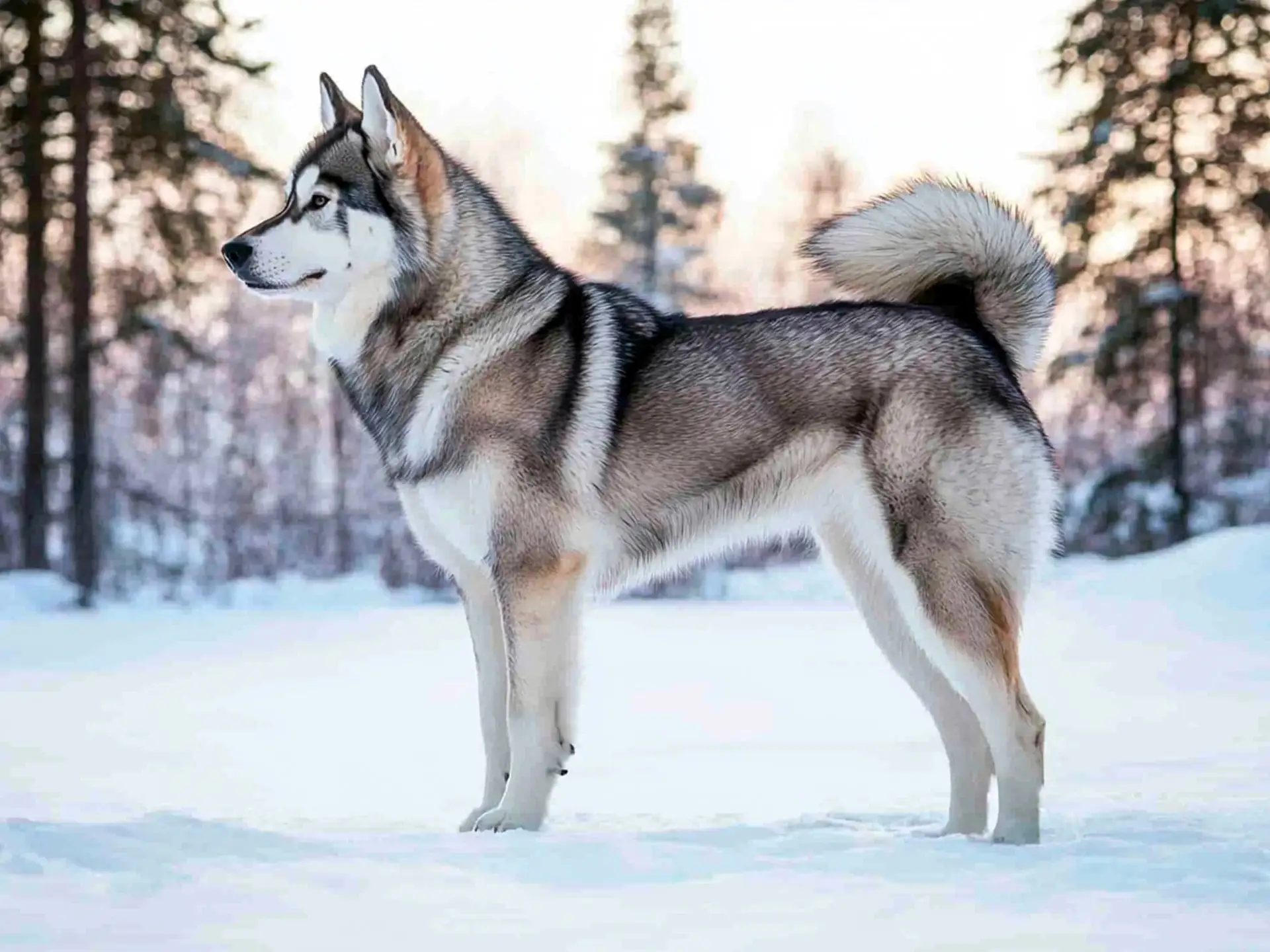 West Siberian Laika standing in profile on snow-covered ground in a winter forest setting